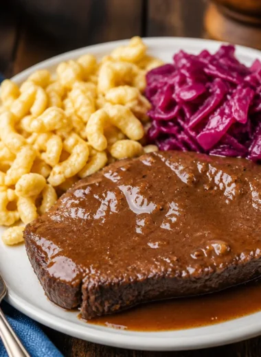 Authentic German Sauerbraten served with sweet and sour gravy