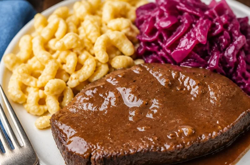 Authentic German Sauerbraten served with sweet and sour gravy