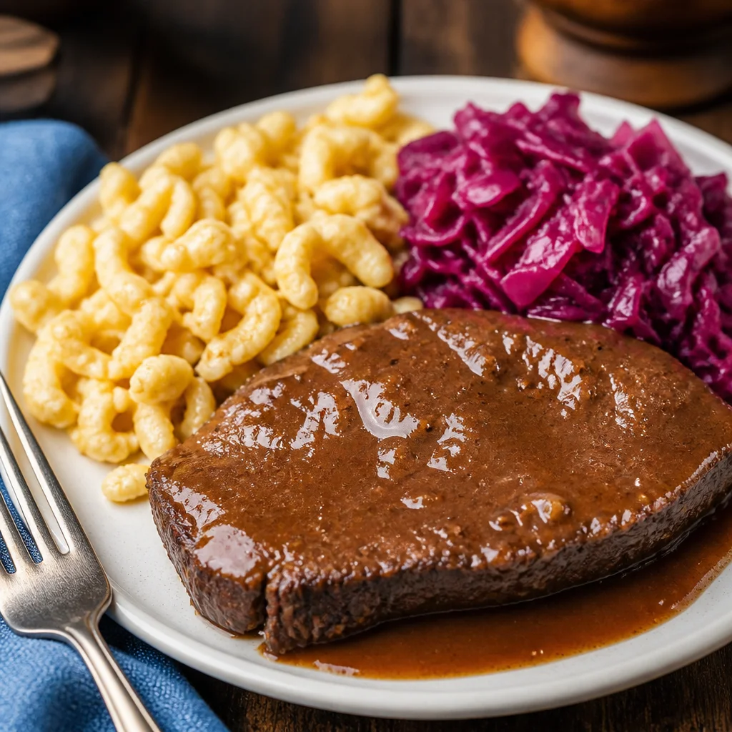 Authentic German Sauerbraten served with sweet and sour gravy