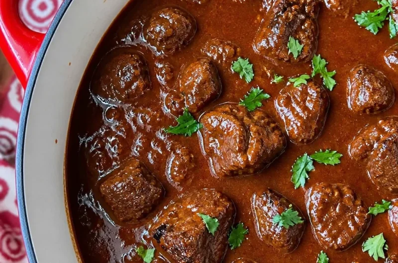 Delicious German beef goulash served with spaetzle and garnished with fresh parsley.