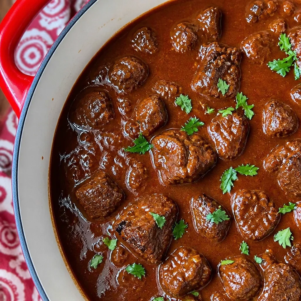 Delicious German beef goulash served with spaetzle and garnished with fresh parsley.