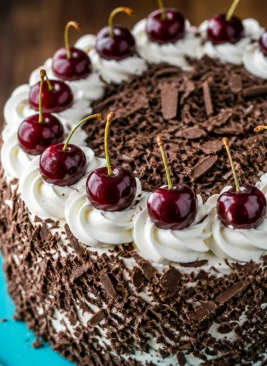Delicious Black Forest Cake with chocolate layers, cherries, and whipped cream frosting.
