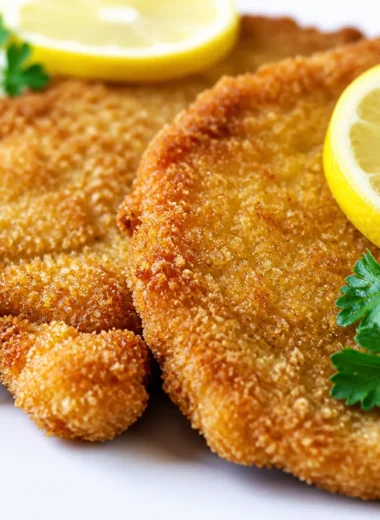 Delicious easy German schnitzel served with lemon and parsley.