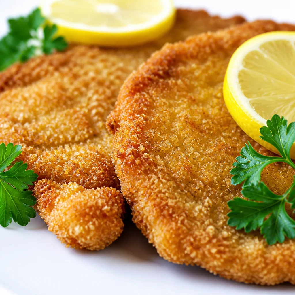 Delicious easy German schnitzel served with lemon and parsley.