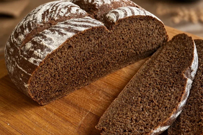 Freshly baked German rye bread loaf with a rich, aromatic flavor.