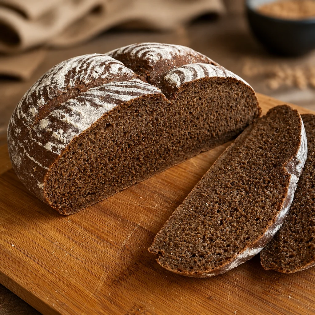 Freshly baked German rye bread loaf with a rich, aromatic flavor.