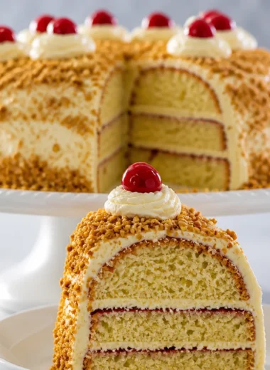 Authentic German Frankfurter Kranz buttercream ring cake with layers of jam and cream.