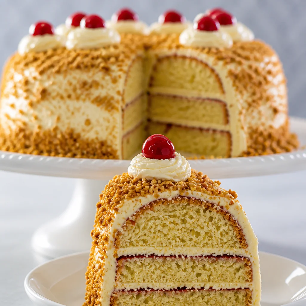 Authentic German Frankfurter Kranz buttercream ring cake with layers of jam and cream.
