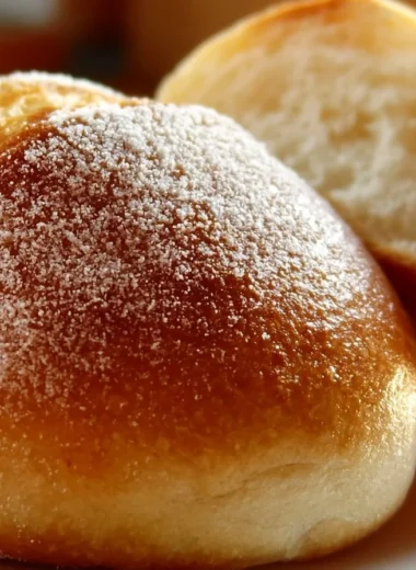 Freshly baked Brötchen served with butter and jam on a wooden table.