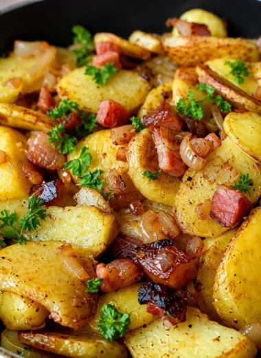 Cozy German Bratkartoffeln: crispy fried potatoes with bacon and onions