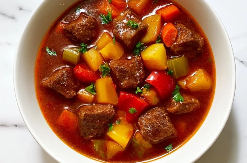 Cozy German goulash recipe with tender beef and rich flavors served in a bowl.