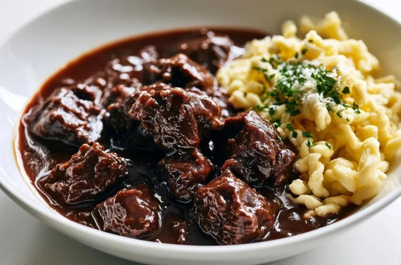 Bowl of hearty venison goulash with vegetables and herbs for winter comfort