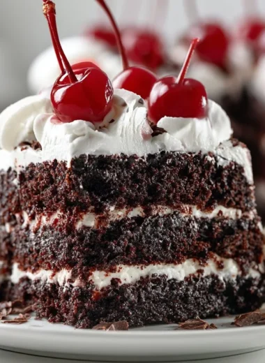 Delicious creamy Black Forest Cake with chocolate, cherries, and whipped cream layers.