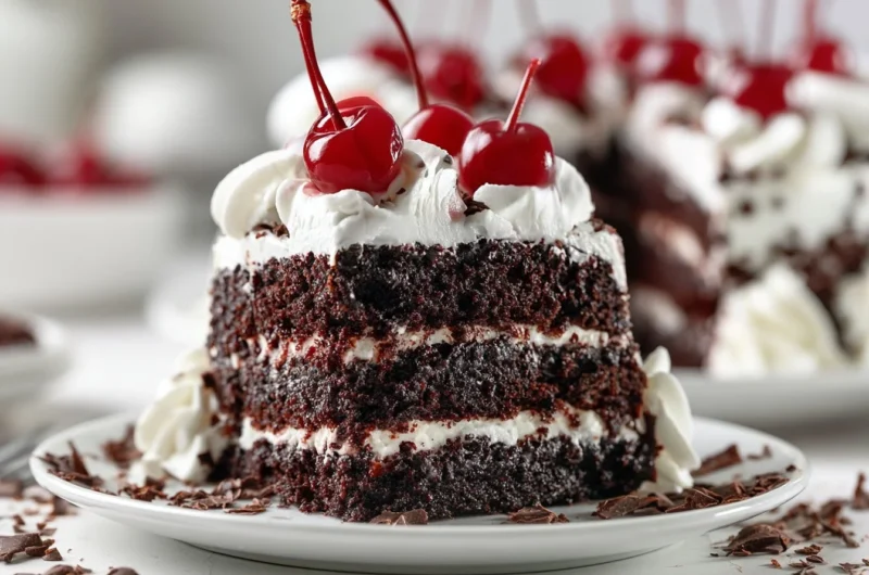 Delicious creamy Black Forest Cake with chocolate, cherries, and whipped cream layers.