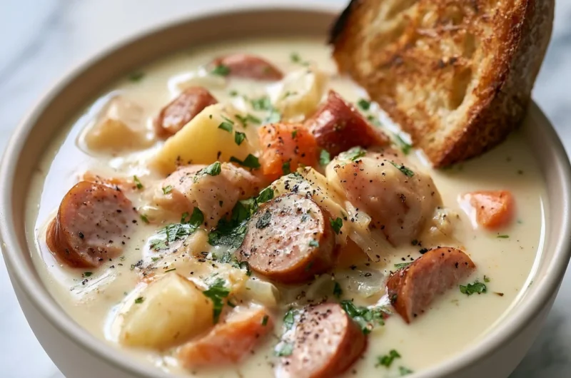 Bowl of creamy German potato soup garnished with fresh herbs