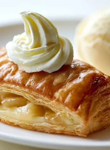 Crispy apple strudel slice with flaky pastry and apple filling