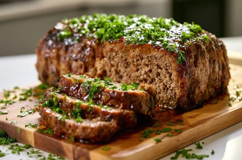 Crispy German Meatloaf Hackbraten served on a plate with garnish