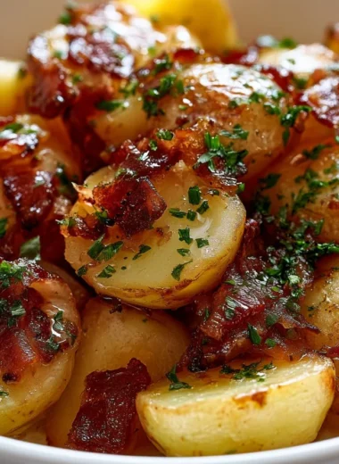 Crispy German pan-fried potatoes served on a plate with herbs