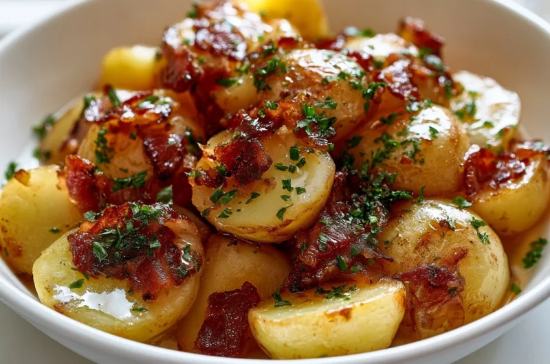 Crispy German pan-fried potatoes served on a plate with herbs