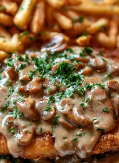 Delicious crispy Jägerschnitzel served with creamy mushroom gravy