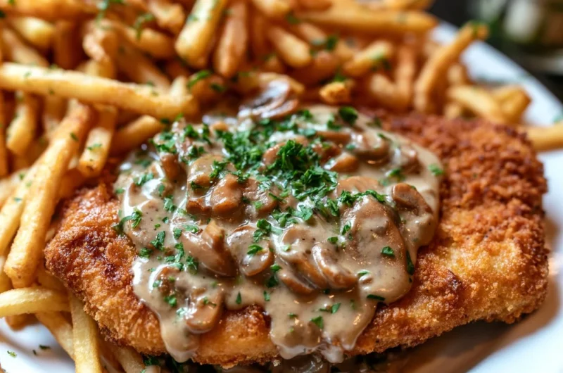 Delicious crispy Jägerschnitzel served with creamy mushroom gravy