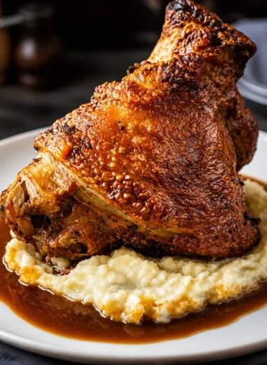Crispy roasted German Schweinshaxe with golden skin and flavorful gravy.