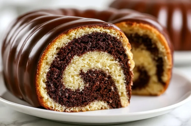 German Marble Cake with Chocolate Glaze on a decorative plate