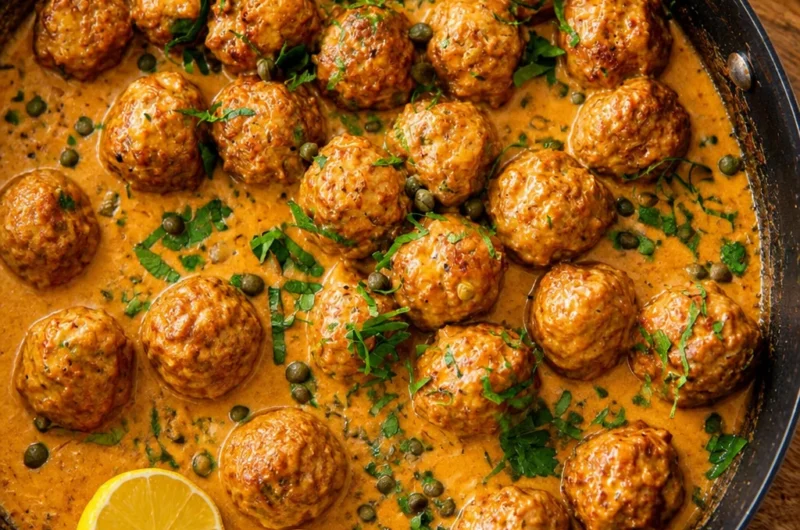 Classic German Königsberger Klopse meatballs in creamy caper sauce served with potatoes.
