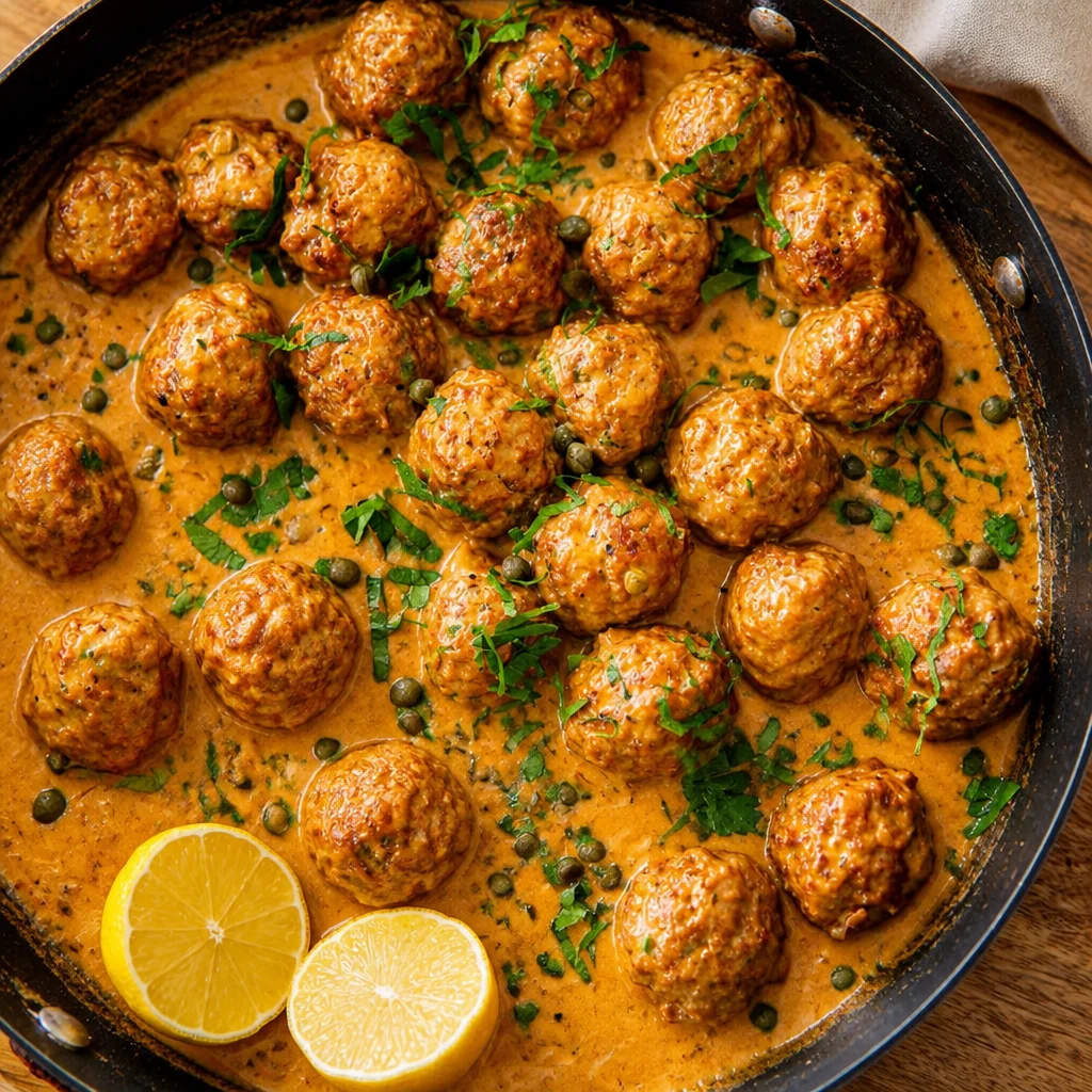 Classic German Königsberger Klopse meatballs in creamy caper sauce served with potatoes.