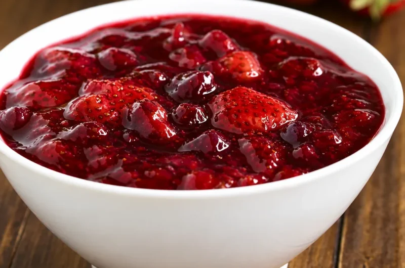 Classic German Rote Grütze, a vibrant red berry pudding dessert served with fresh cream