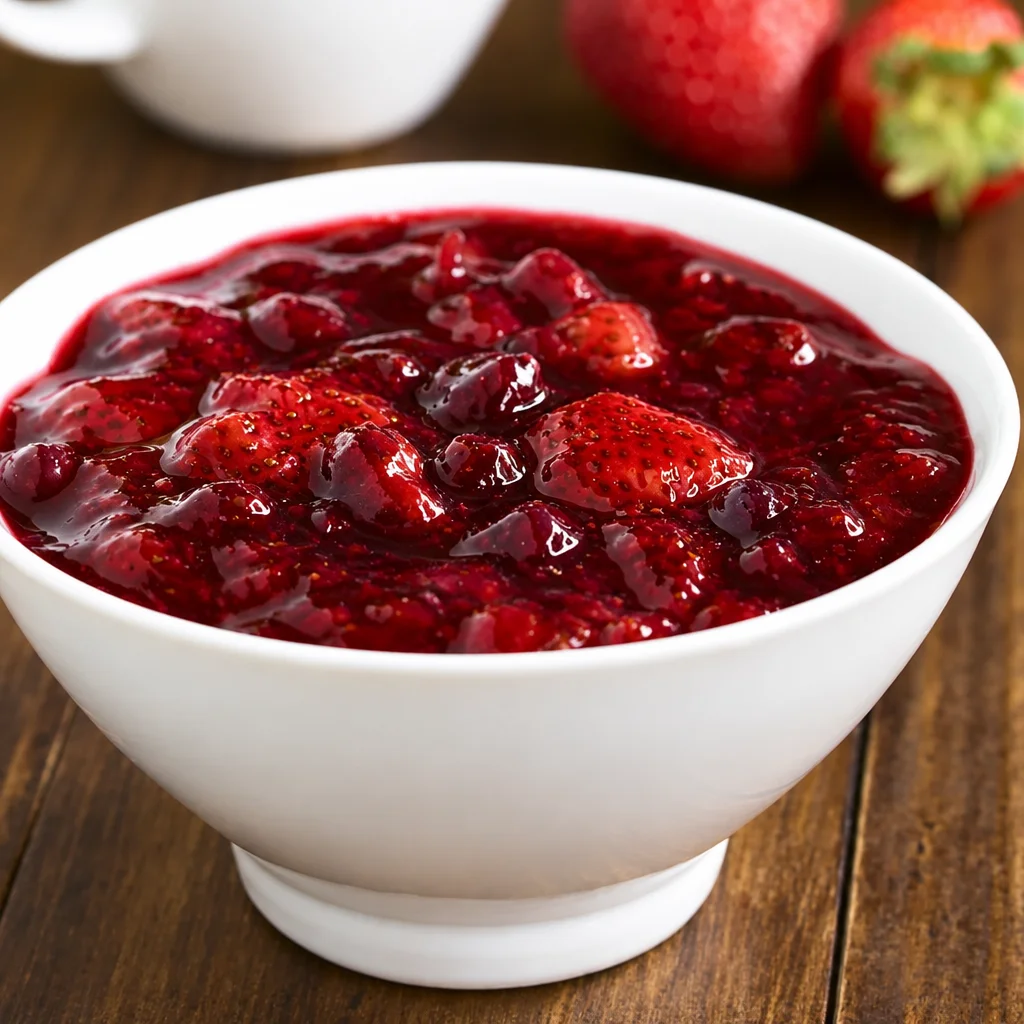Classic German Rote Grütze, a vibrant red berry pudding dessert served with fresh cream