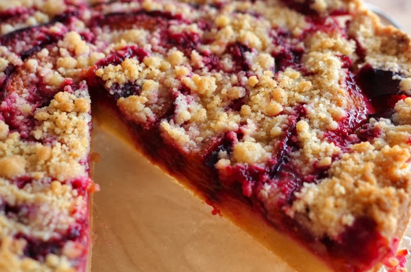 Classic German Zwetschgenkuchen topped with streusel, made with Italian plums.