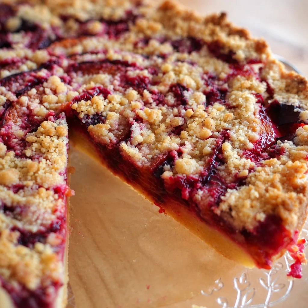 Classic German Zwetschgenkuchen topped with streusel, made with Italian plums.