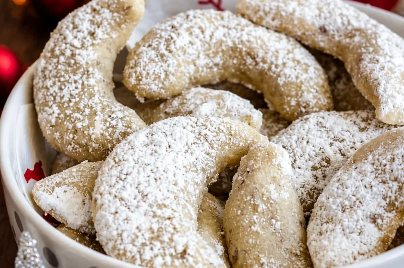 Easy German Vanillekipferl cookies dusted with vanilla sugar, a festive holiday treat.