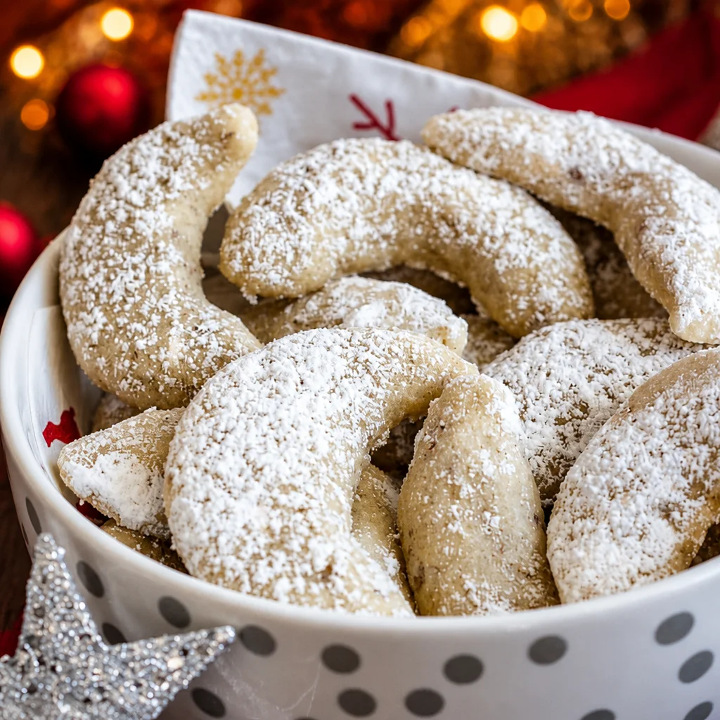 Easy German Vanillekipferl cookies dusted with vanilla sugar, a festive holiday treat.