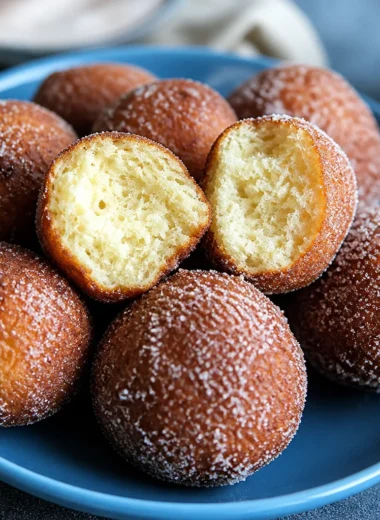 Classic German Quarkbällchen, fluffy fried donut holes coated in cinnamon sugar.