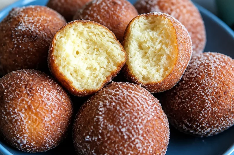 Classic German Quarkbällchen, fluffy fried donut holes coated in cinnamon sugar.