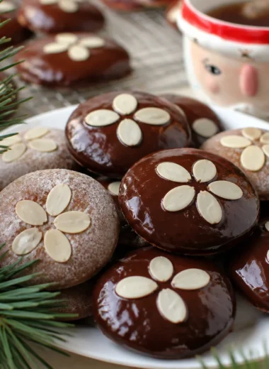 Traditional German Lebkuchen cookies drizzled with chocolate glaze, perfect for the holidays.