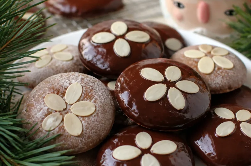 Traditional German Lebkuchen cookies drizzled with chocolate glaze, perfect for the holidays.