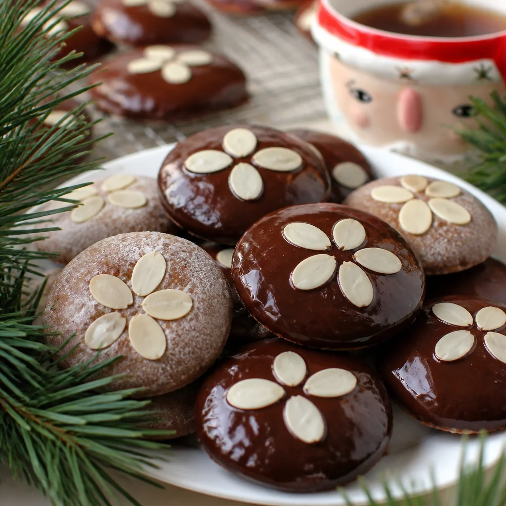 Traditional German Lebkuchen cookies drizzled with chocolate glaze, perfect for the holidays.