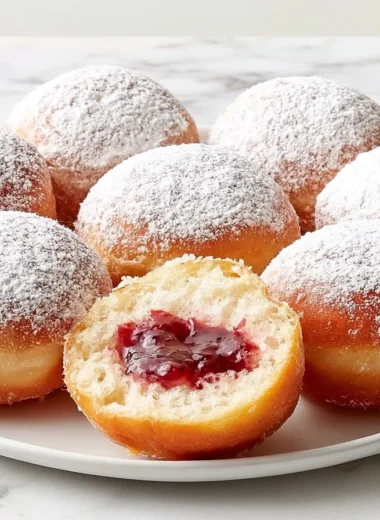 Fluffy jam-filled Berliner doughnuts dusted with powdered sugar.