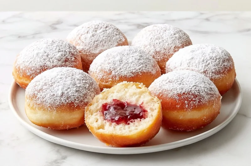 Fluffy jam-filled Berliner doughnuts dusted with powdered sugar.
