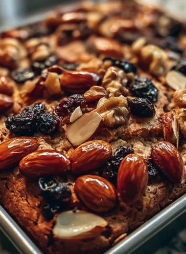 Golden German Fruit Bread with dried fruits and nuts on a rustic wooden table