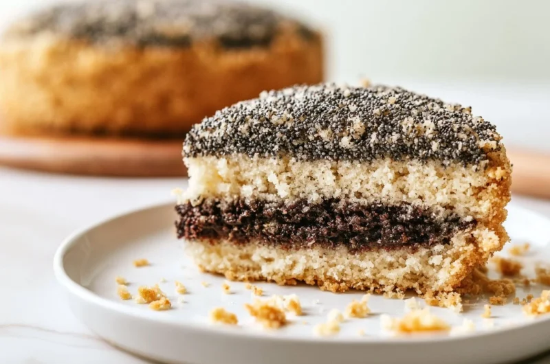 Slice of golden poppy seed cake on a white plate with a sprinkle of poppy seeds