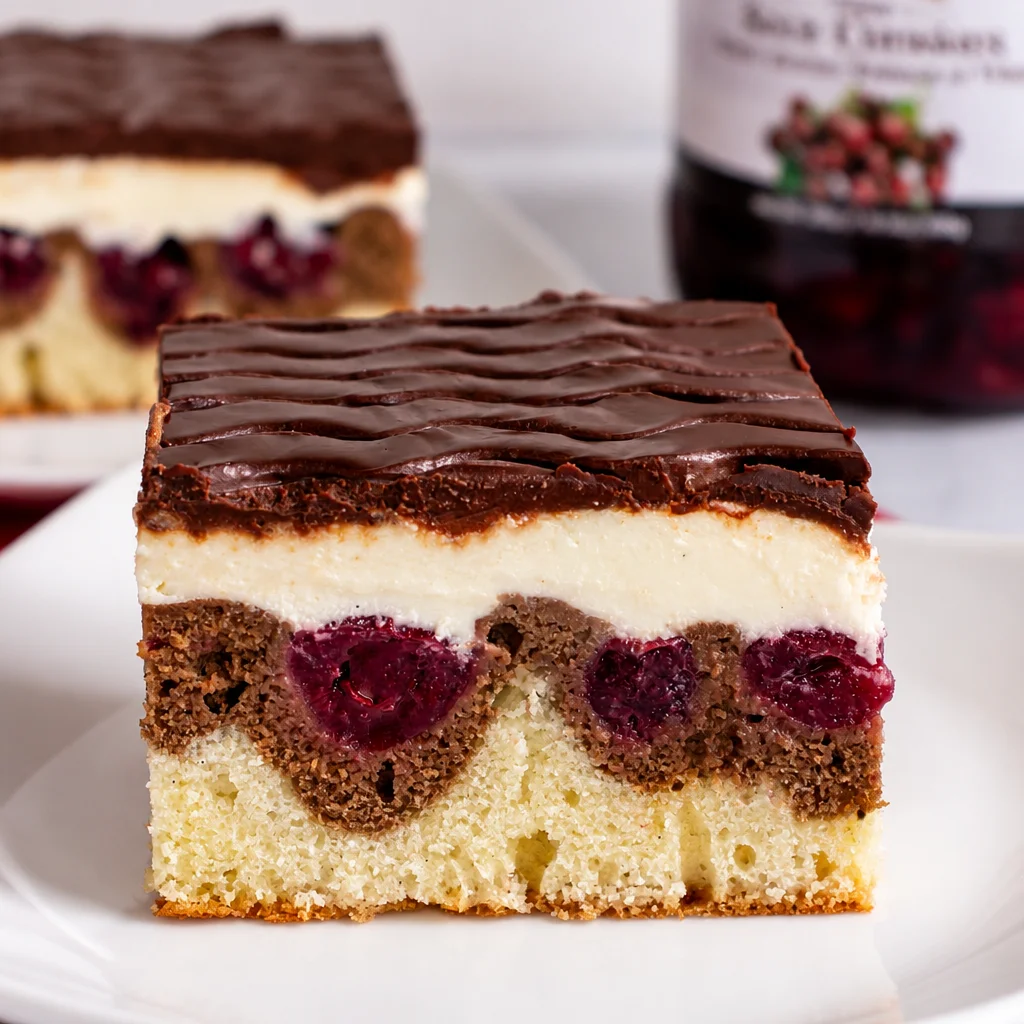 A slice of Deliciously Rich German Donauwelle cake with layers of chocolate, vanilla, and cherries.