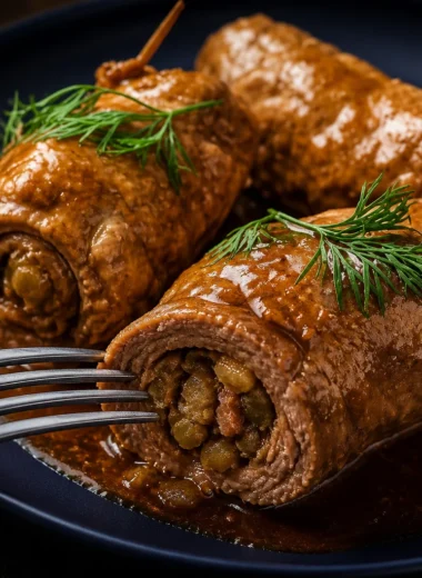 Traditional German Rouladen with beef, bacon, pickles, and rich gravy.