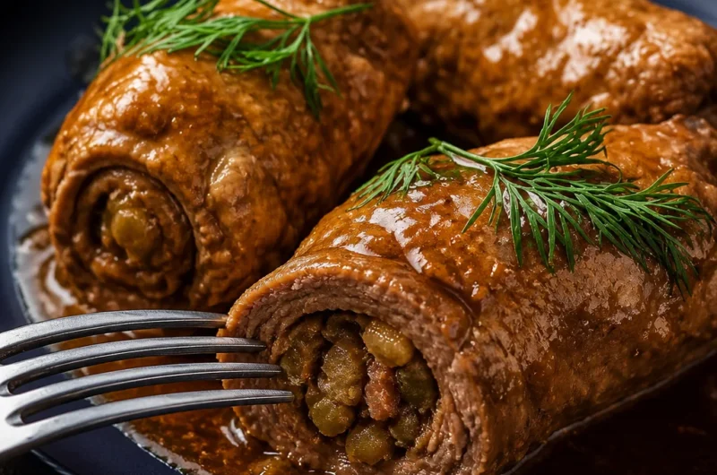 Traditional German Rouladen with beef, bacon, pickles, and rich gravy.