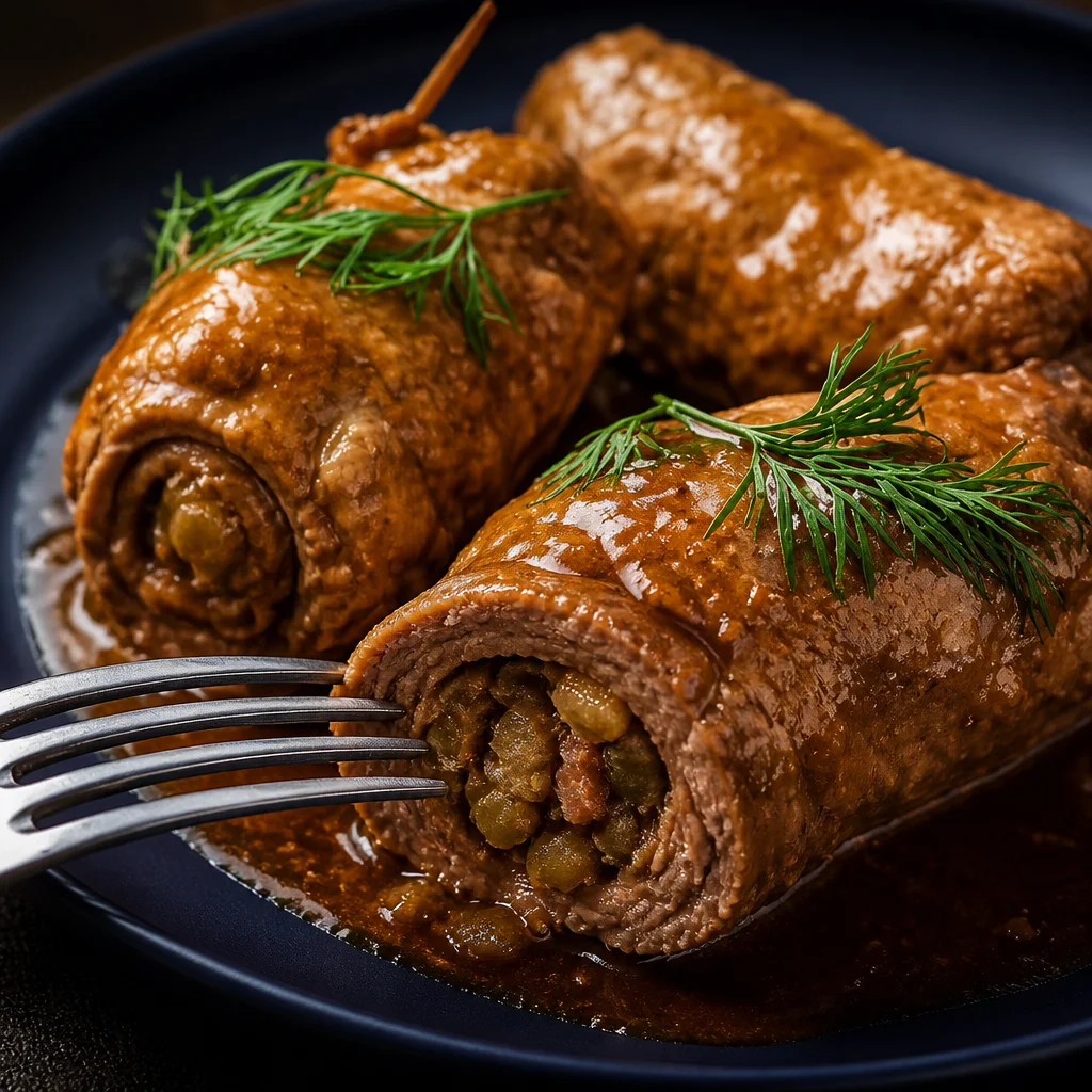 Traditional German Rouladen with beef, bacon, pickles, and rich gravy.