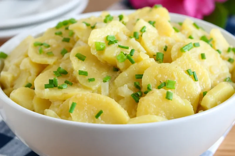 Delicious Fast German Kartoffelsalat, warm potato salad with bacon vinaigrette