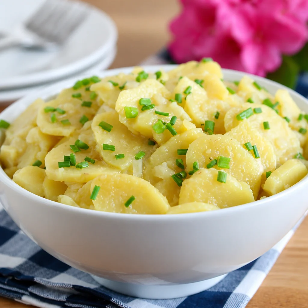 Delicious Fast German Kartoffelsalat, warm potato salad with bacon vinaigrette